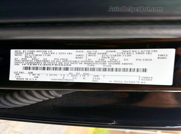 1FTEW1C46KFB58299 2019 FORD F150 Черный Вид задней части салона