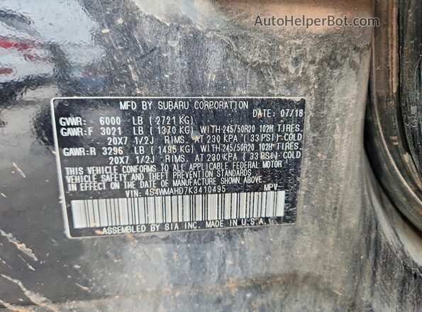 4S4WMAHD7K3410495 2019 SUBARU ASCENT Черный Вид наклейки с VIN-кодом