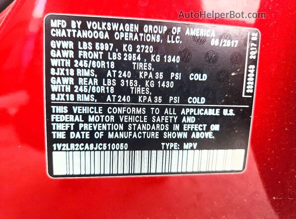 1V2LR2CA8JC510050 2018 VOLKSWAGEN ATLAS Red 