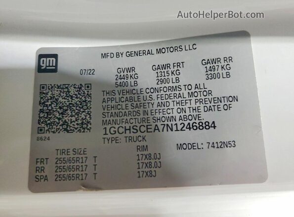 1GCHSCEA7N1246884 2022 CHEVROLET COLORADO White Vista de la etiqueta del VIN