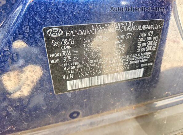 5NMS53AA9KH045976 2019 HYUNDAI SANTA Blue Սալոնի 360 աստիճան տեսք