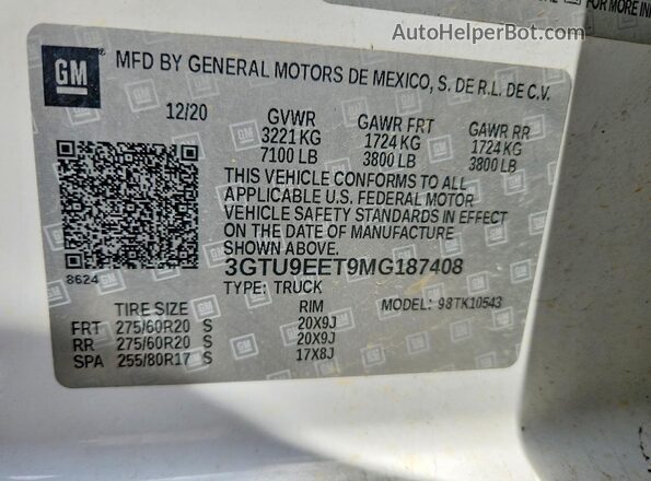 3GTU9EET9MG187408 2021 GMC SIERRA White VIN კოდის სტიკერის ხედი