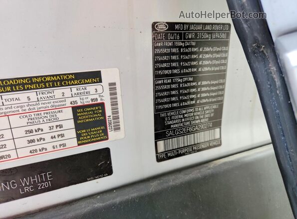SALGS2EF6GA290274 2016 LAND ROVER RANGE White 