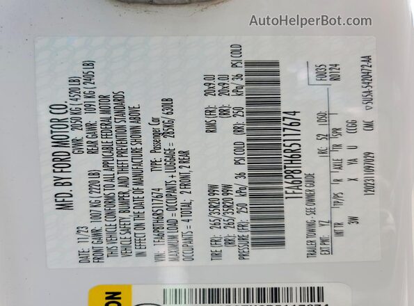 1FA6P8TH6R5117674 2024 FORD MUSTANG White Սալոնի 360 աստիճան տեսք