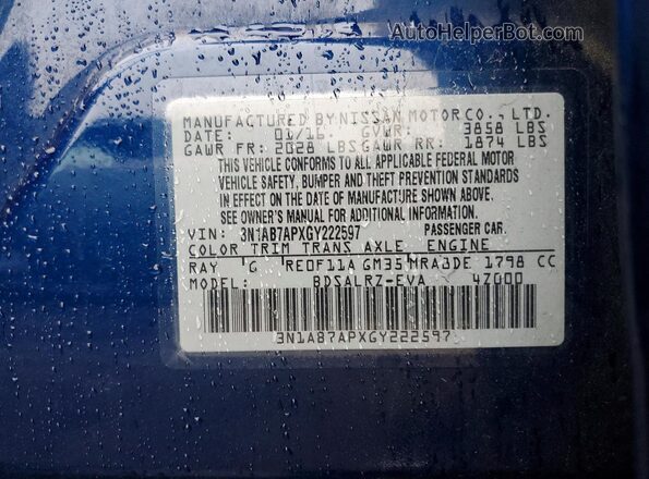 3N1AB7APXGY222597 2016 NISSAN SENTRA Blue VIN sticker view
