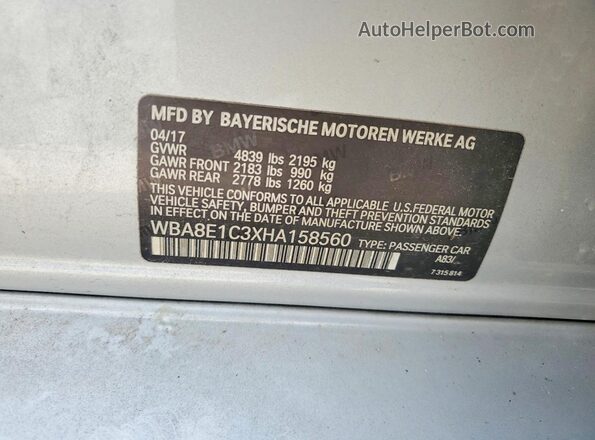 WBA8E1C3XHA158560 2017 BMW 3 SERIES Silver Вид наклейки з VIN-кодом