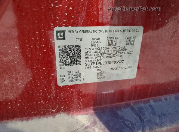 3GTP1PEJ3JG485527 2018 GMC SIERRA Red VIN კოდის სტიკერის ხედი