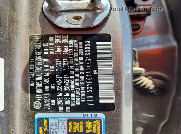 5XYPG4A5XKG483053 2019 KIA SORENTO Silver Vista de la etiqueta del VIN
