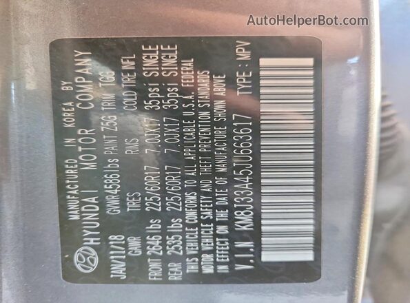 KM8J33A45JU663617 2018 HYUNDAI TUCSON Gray VIN sticker view