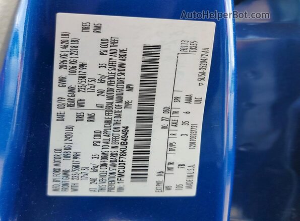 1FMCU0F78KUB49494 2019 FORD ESCAPE Blue VIN sticker view