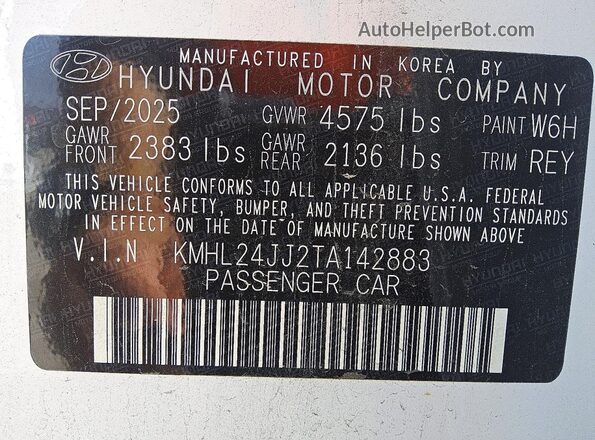 KMHL24JJ2TA142883 2026 HYUNDAI SONATA White Widok wnętrza 360 stopni