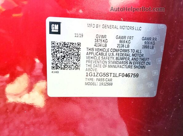 1G1ZG5ST1LF046759 2020 CHEVROLET MALIBU Red VIN կոդի պիտակի տեսք