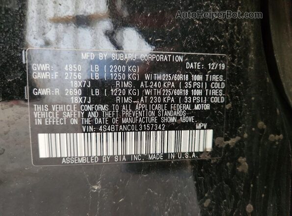 4S4BTANC0L3157342 2020 SUBARU OUTBACK Black Вид наклейки з VIN-кодом
