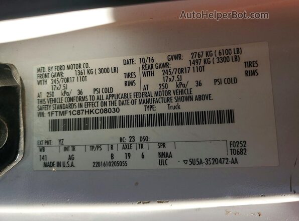 1FTMF1C87HKC08030 2017 FORD F150 White Widok naklejki z numerem VIN