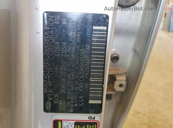 KNALC4J13H5045268 2017 KIA CADENZA Silver VIN sticker view