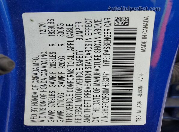 2HGFC2F80MH533771 2021 HONDA CIVIC Blue VIN կոդի պիտակի տեսք