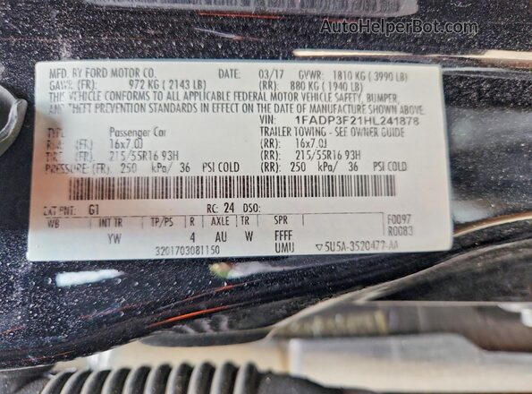 1FADP3F21HL241878 2017 FORD FOCUS Black VIN კოდის სტიკერის ხედი