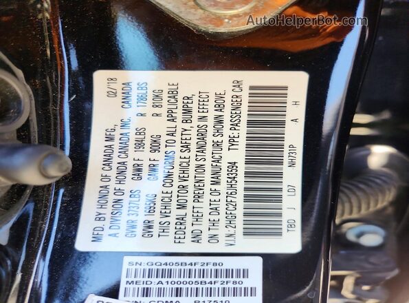 2HGFC2F76JH543594 2018 HONDA CIVIC Black Vista de la etiqueta del VIN
