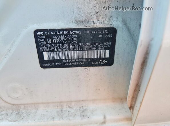 ML32A3HJ0KH016615 2019 MITSUBISHI MIRAGE White Widok naklejki z numerem VIN