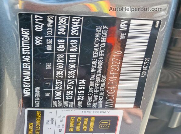 WDC0G4JB9HF232716 2017 MERCEDES-BENZ GLC-CLASS Gray VIN կոդի պիտակի տեսք