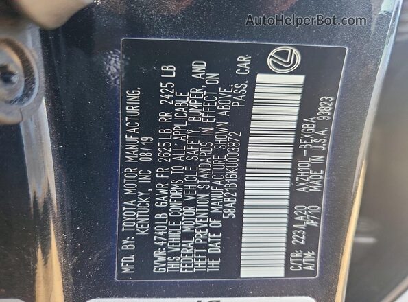 58AB21B16KU003872 2019 LEXUS ES Black VIN կոդի պիտակի տեսք