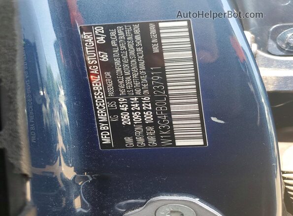 W1K3G4FB0LJ237911 2020 MERCEDES-BENZ A Blue VIN sticker view