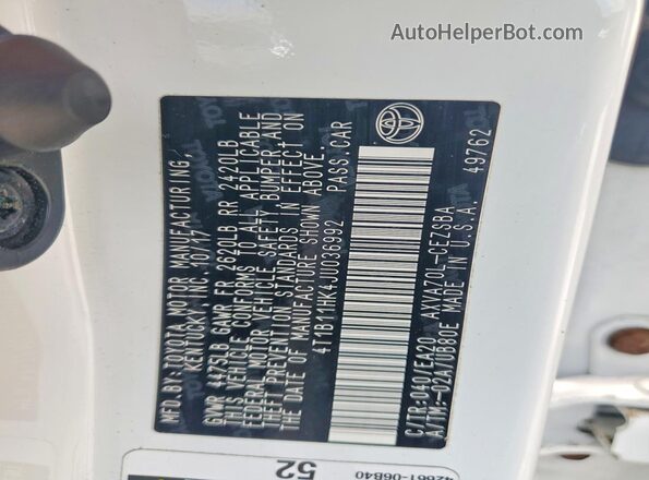 4T1B11HK4JU036992 2018 TOYOTA CAMRY White VIN sticker view