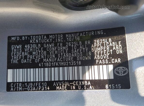 4T1BD1FK1HU213518 2017 TOYOTA CAMRY Серебряный Панорамный вид салона 360°