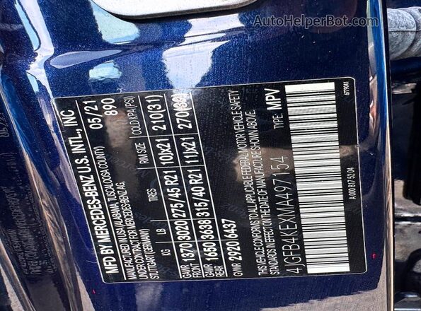 4JGFB4KEXMA497154 2021 MERCEDES-BENZ GLE Blue VIN sticker view