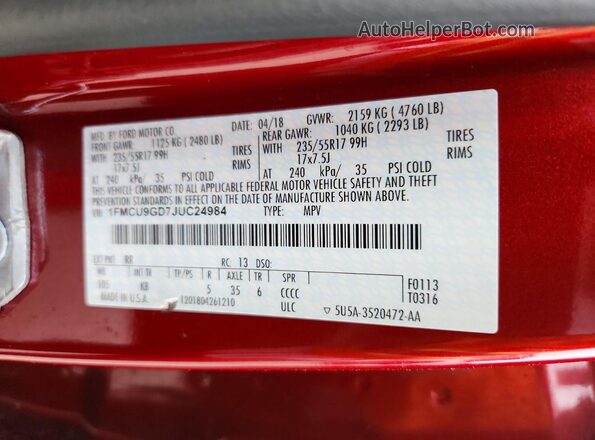 1FMCU9GD7JUC24984 2018 FORD ESCAPE Red Սալոնի 360 աստիճան տեսք