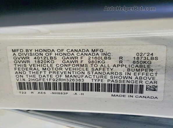 2HGFE1F92RH326383 2024 HONDA CIVIC White Engine compartment view