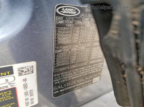 SALYB2EX6LA267679 2020 LAND ROVER RANGE Blue Панорамний вид салону 360°