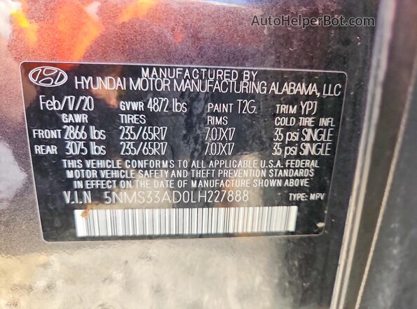 5NMS33AD0LH227888 2020 HYUNDAI SANTA FE Black VIN sticker view