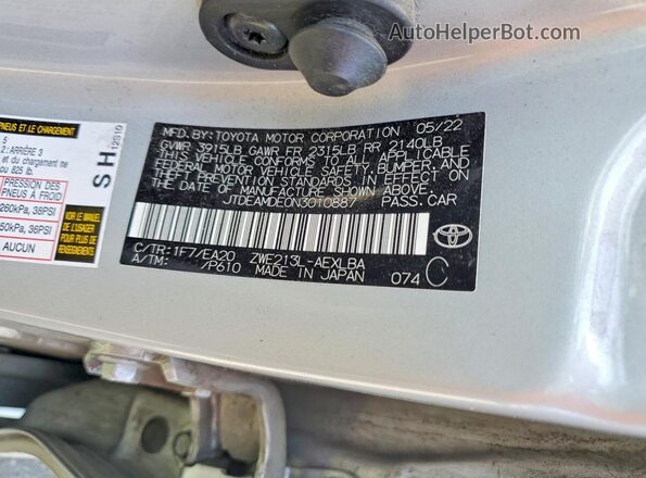 JTDEAMDE0N3010887 2022 TOYOTA COROLLA Silver VIN კოდის სტიკერის ხედი
