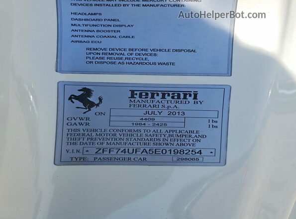ZFF74UFA5E0198254 2014 FERRARI F12 White VIN sticker view