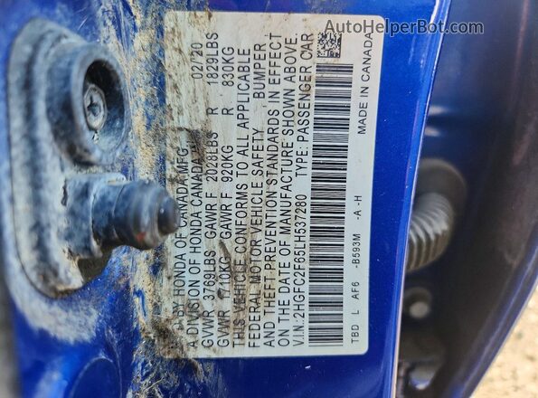 2HGFC2F65LH537280 2020 HONDA CIVIC Blue VIN կոդի պիտակի տեսք