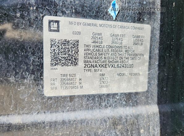 2GNAXKEVXL6243110 2020 CHEVROLET EQUINOX Черный Вид наклейки с VIN-кодом