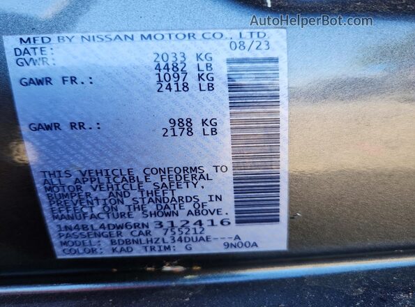 1N4BL4DW6RN312416 2024 NISSAN ALTIMA Gray VIN sticker view