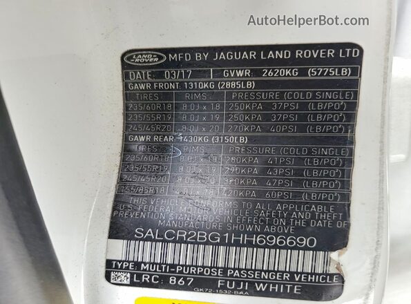 SALCR2BG1HH696690 2017 LAND ROVER DISCOVERY Белый Панорамный вид салона 360°