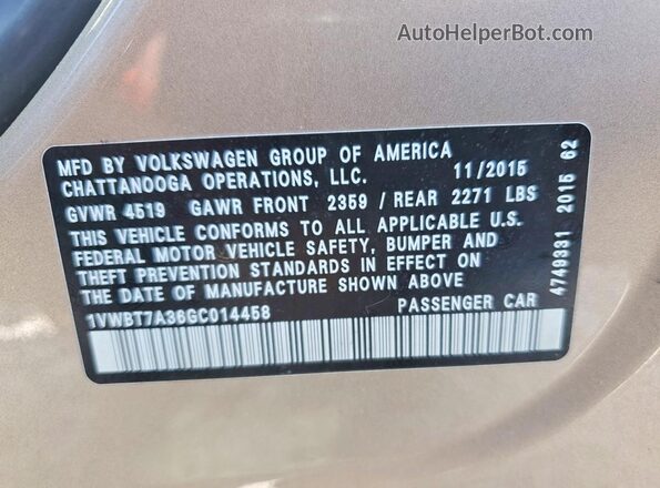 1VWBT7A36GC014458 2016 VOLKSWAGEN PASSAT Gold Widok naklejki z numerem VIN