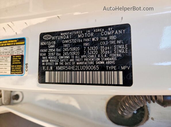 KM8R54HE2LU090065 2020 HYUNDAI PALISADE White 360 interior view