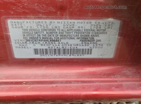 3N1CN7AP4HL896887 2017 NISSAN VERSA Красный Вид наклейки с VIN-кодом