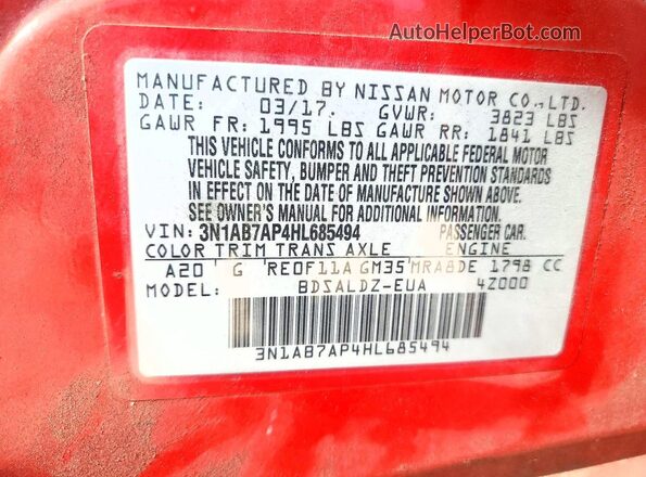 3N1AB7AP4HL685494 2017 NISSAN SENTRA Красный Вид наклейки с VIN-кодом