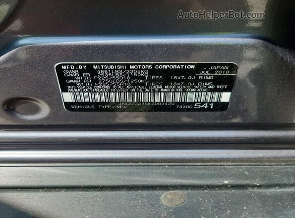 JA4AZ3A36KZ003420 2019 MITSUBISHI OUTLANDER Gray Vista interior de 360 grados
