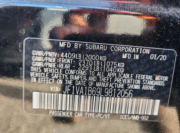 JF1VA1B69L9812056 2020 SUBARU WRX Black Вид наклейки з VIN-кодом