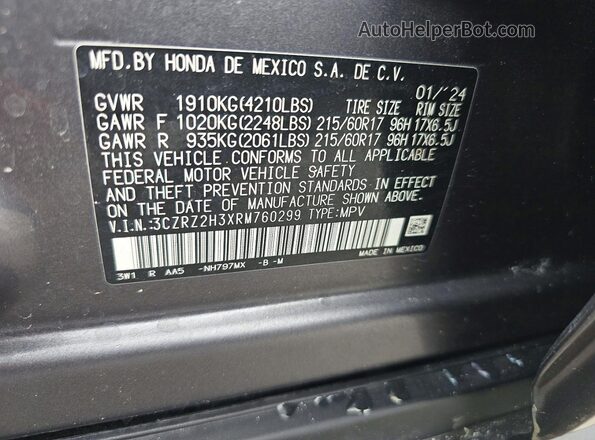 3CZRZ2H3XRM760299 2024 HONDA HR-V Gray Vista interior trasera