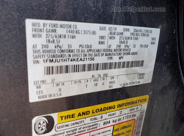 1FMJU1HT4KEA21156 2019 FORD EXPEDITION Gray Vista de la etiqueta del VIN