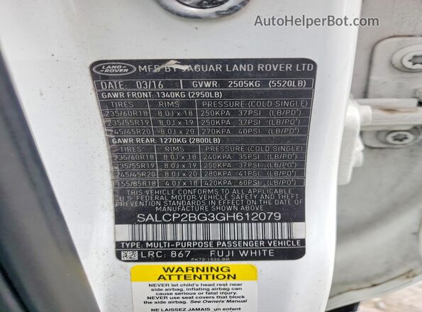 SALCP2BG3GH612079 2016 LAND ROVER DISCOVERY Белый Вид наклейки с VIN-кодом