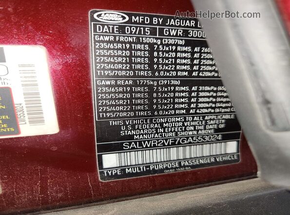 SALWR2VF7GA553024 2016 LAND ROVER RANGE Red VIN sticker view
