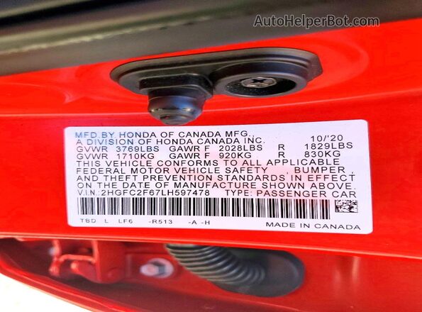 2HGFC2F67LH597478 2020 HONDA CIVIC Red Widok naklejki z numerem VIN